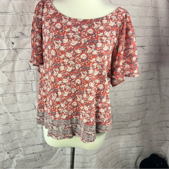 Lucky Brand woven floral Blouse boho western sz L sheer Flutter Sleeve open back - Picture 1 of 9